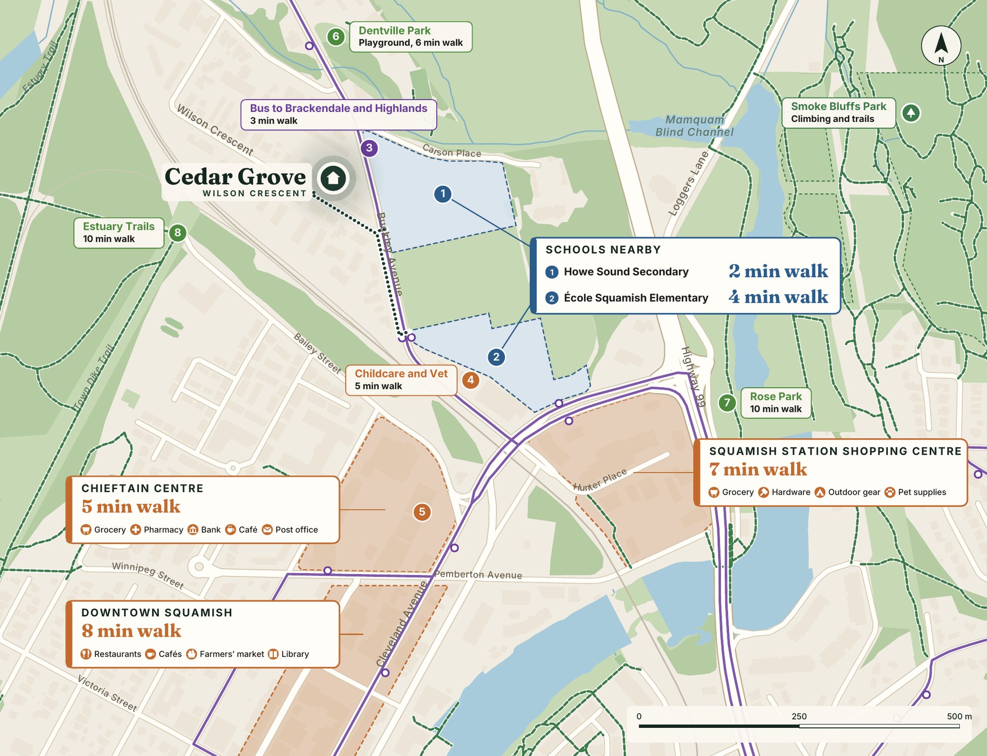 Map of walking times from Cedar Grove to Howe Sound Secondary, École Squamish Elementary, Chieftain Centre, Squamish Station Shopping Centre, Dentville Park and downtown Squamish