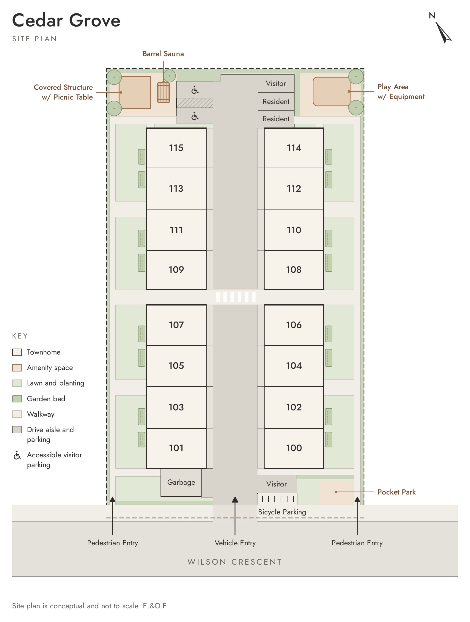 Cedar Grove site plan: sixteen townhomes in four buildings along a central drive aisle off Wilson Crescent, with a barrel sauna, covered structure, play area, pocket park and garden beds